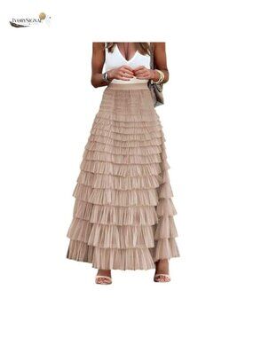 100% Polyester Tulle Maxi Skirt High Waisted A-Line Tiered Layered Flowy Fairy